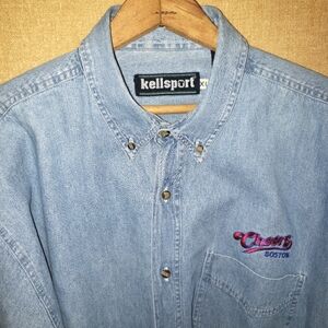 Cheers Boston Embroidered Denim Button Up Shirt Light‎ Wash  XL
